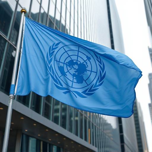 Bandiera delle Nazioni Unite di fronte al Palazzo di Vetro a New York