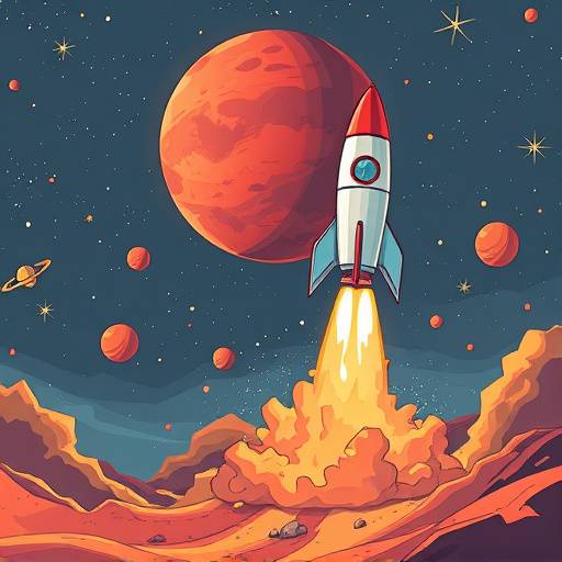 Illustrazione del lancio di un razzo spaziale con destinazione Marte