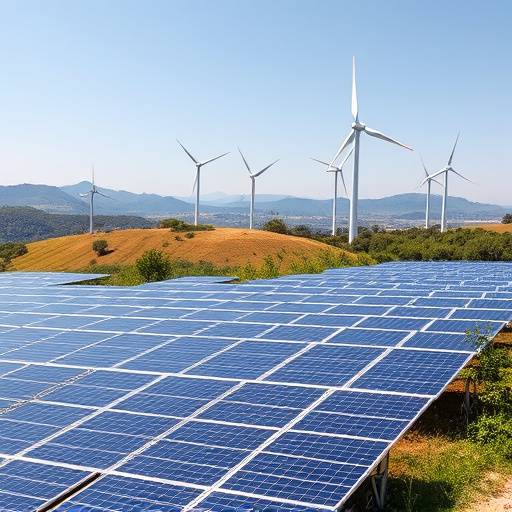 Un campo di pannelli solari in Italia con sullo sfondo delle turbine eoliche